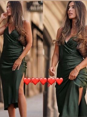 Zara Dark Green Satin Wrap Dress